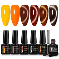 MEET ACROSS Cat Eye Gel Nail Polish Magnet Jelly Crystal Gel Nail Polish Kit Caramel Orange Amber Brown Grey Gel Polish Set with Magnetic Stick Glitter Gel Polish Fall Winter Gift