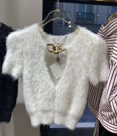 Black Short Knit Sweater with Chain Detail for Women